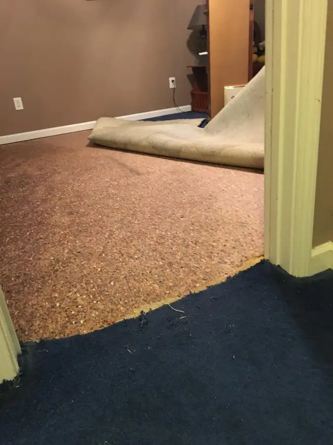 Carpet pad removal revealing water damage during Drying & Dehumidification in Long View